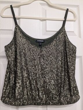 Express Metallic Sequin Crop Top in Black and Gold S